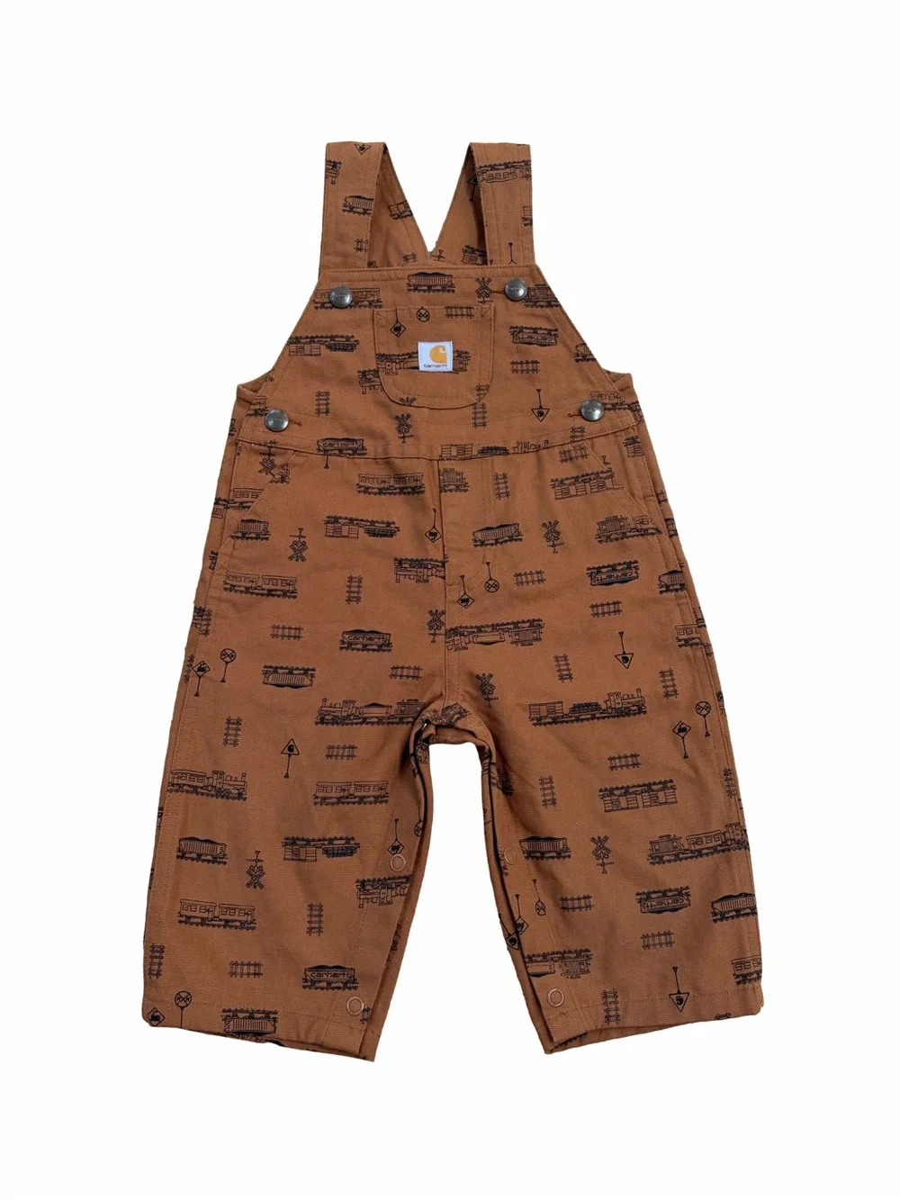 Carhartt Size 12 Months Brown Train Railroad Crossing Canvas Bib Overalls